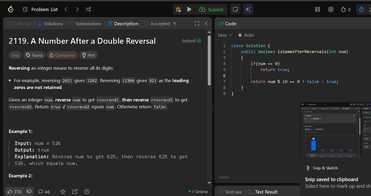 DilipKumar2410's tweet image. Solved today in Java: A Number After a Double Reversal
Every day, one step closer to sharper logic and cleaner solutions.
#Java #Coding #Logic
