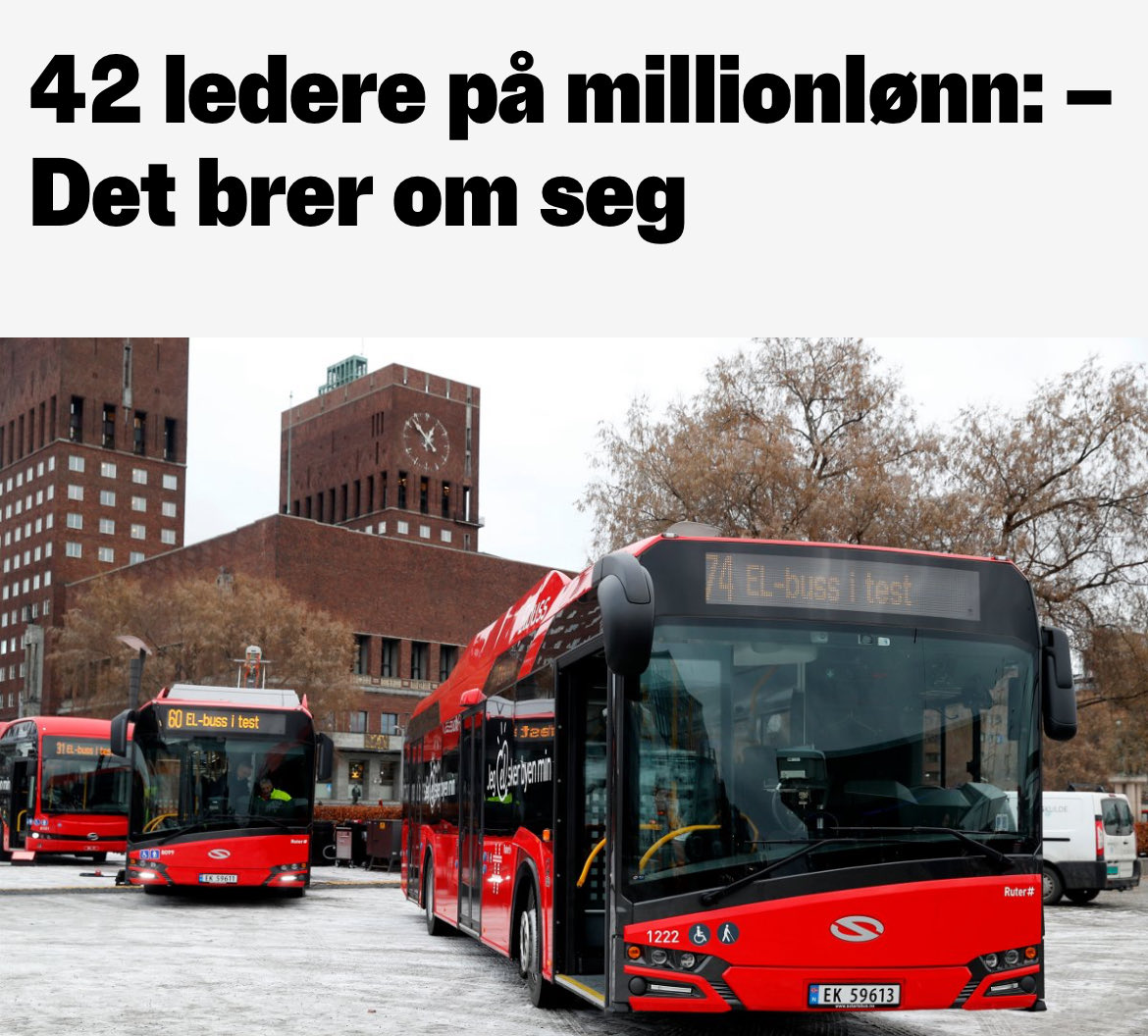42 ledere er ansatt på millionlønn bare i Ruter. Topplederen har sittet i jobben i hele 18 år, og tjener 3,1 millioner i året. Leder for radikale innovasjoner tjener 1,3 millioner. Sistnevnte hadde nylig en stillingsannonse ute hvor hun endte opp med å ansette sin egen sønn...