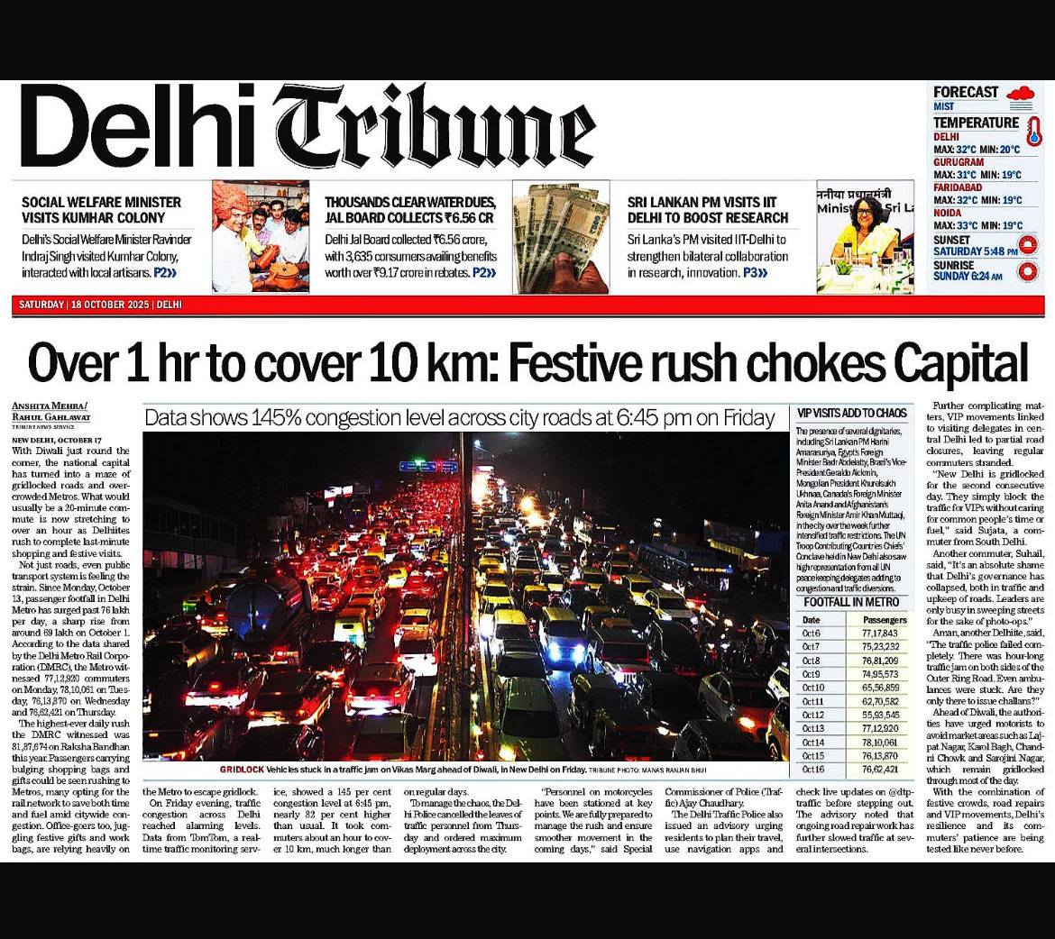 DELHI TRIBUNE MAPS What it’s like being on capital roads in Diwali rush: 1 hr to cover 10 km; <a href="/OfficialDMRC/">Delhi Metro Rail Corporation</a> takes crowd rush, carried 76L people yesterday

tribuneindia.com/news/delhi/ove…

<a href="/anshiimehra/">anshita</a> <a href="/RaahulGahlawat/">Rahul Gahlawat</a> report 
<a href="/thetribunechd/">The Tribune</a>