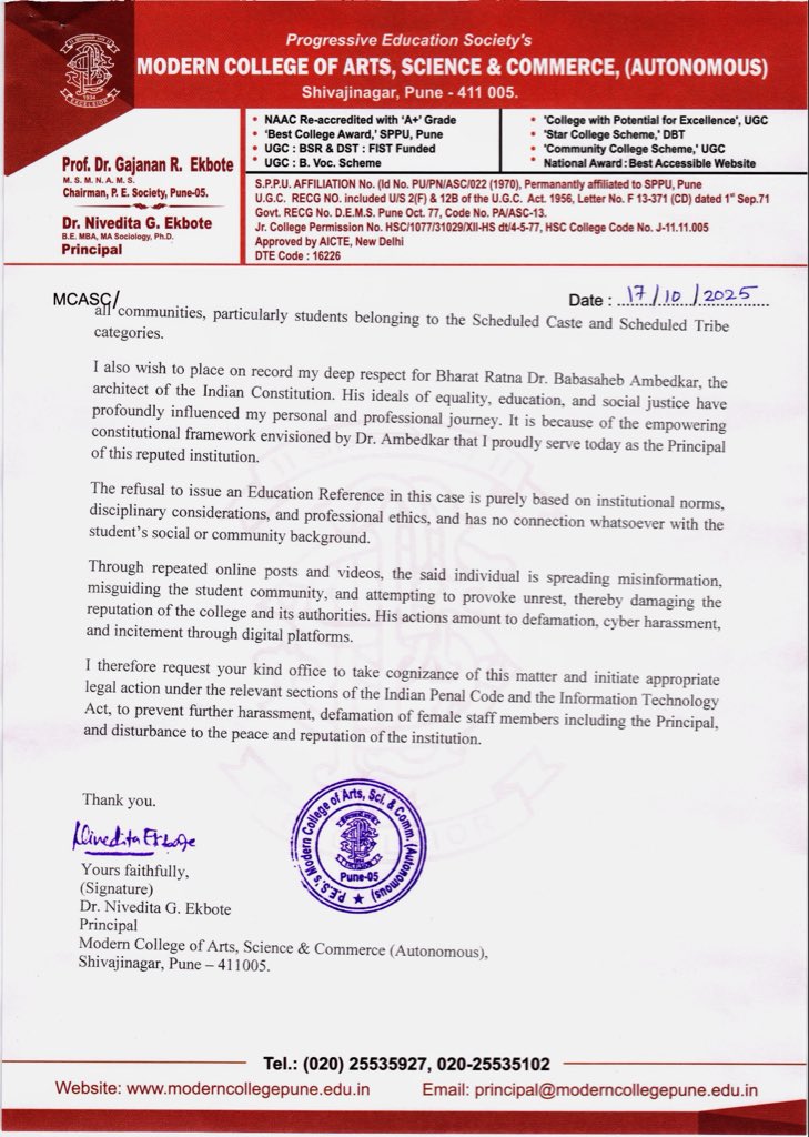 Dear Principal Madam, Read your letter regarding #PremBirhade. In your letter you mentioned that, "The student has already issued three letters of recommendations (LoR's) and one Bonafide by the college administration in the past".   But at the time of his job you denied the