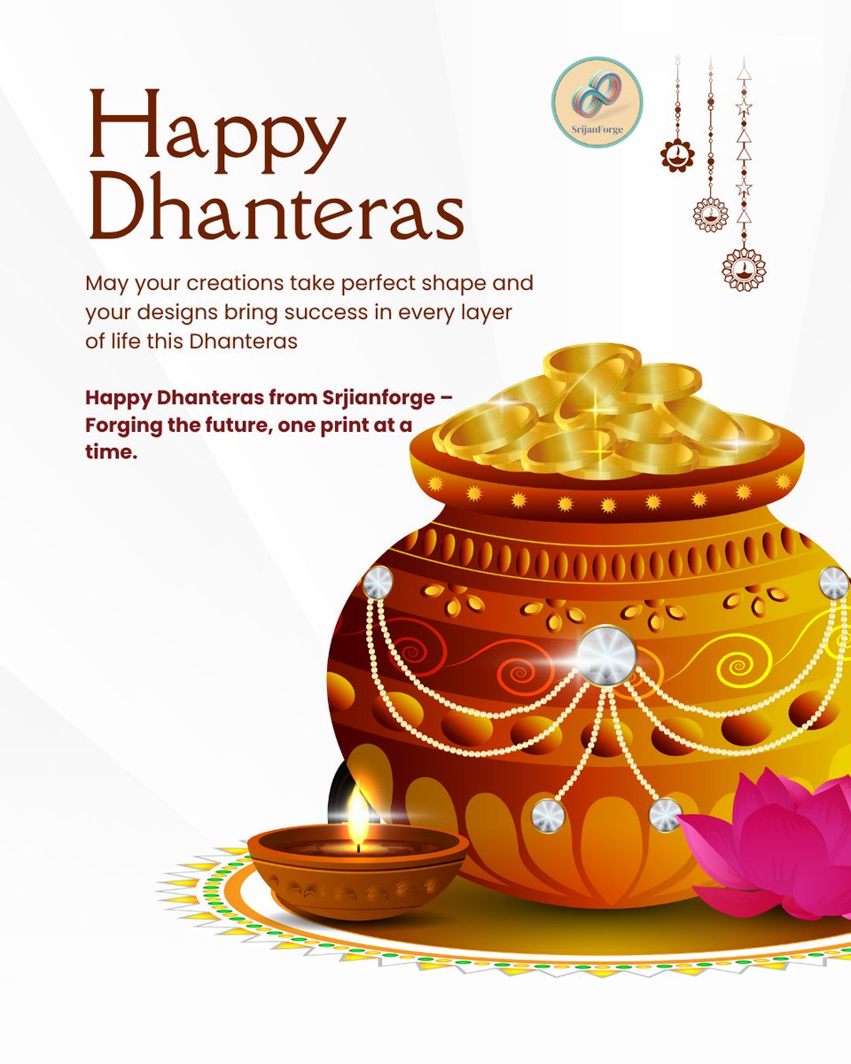 srijanforge's tweet photo. This #Dhanteras, may your creativity shine brighter than gold!
💫 With Srijanforge 3D Printing &amp; Prototyping, turn your ideas into real success stories.
 +91 99308-14242 |  team@srijanforge.com
|  https://t.co/9JHaJ7AGb0
#HappyDhanteras #Innovation #3DPrintingIndia https://t.co/ZYbyni3Rsh