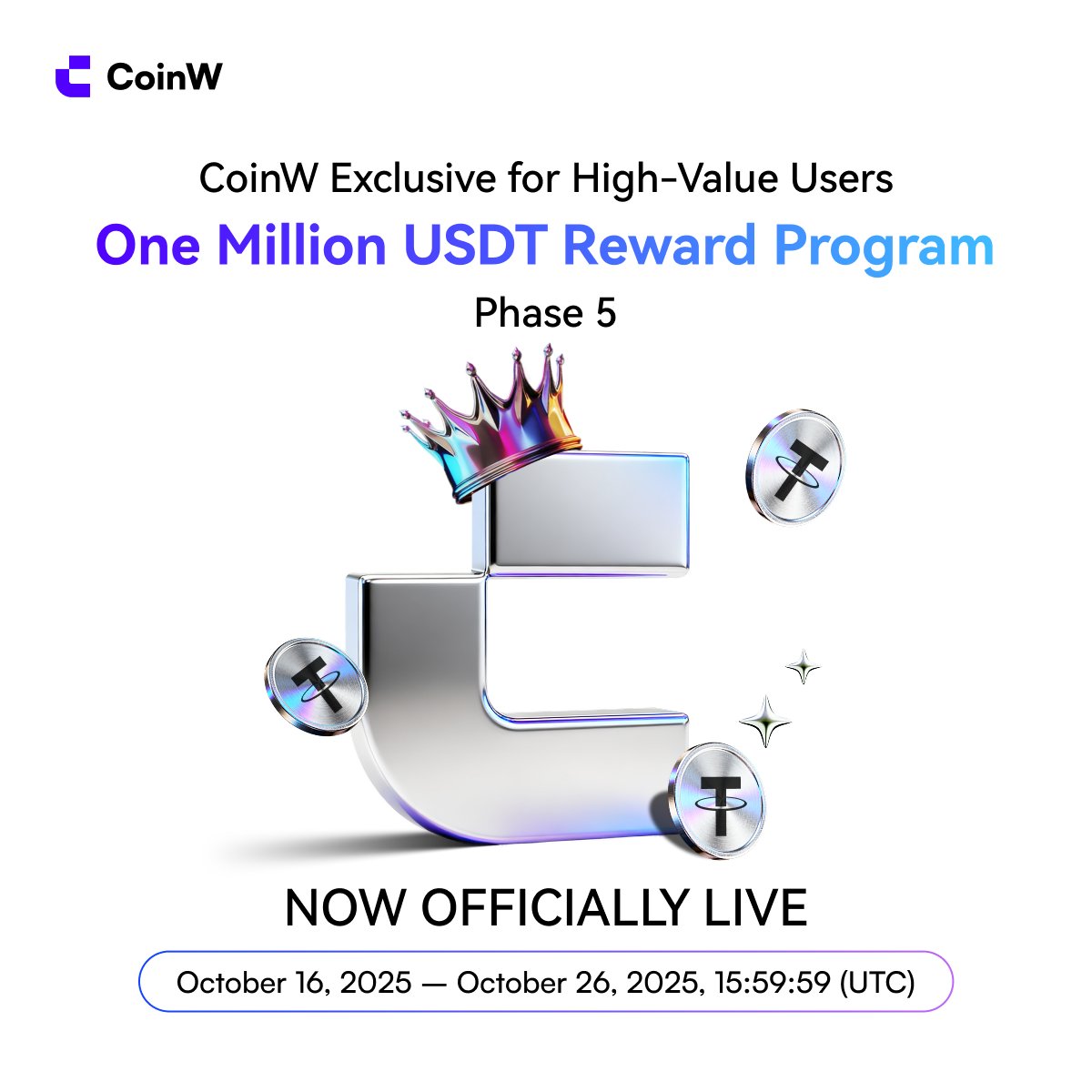 Your loyalty deserves millions.

Join CoinW’s Million USDT Reward Program Phase 5  unlock exclusive bonuses today! 
coinw.com/help-center/an…