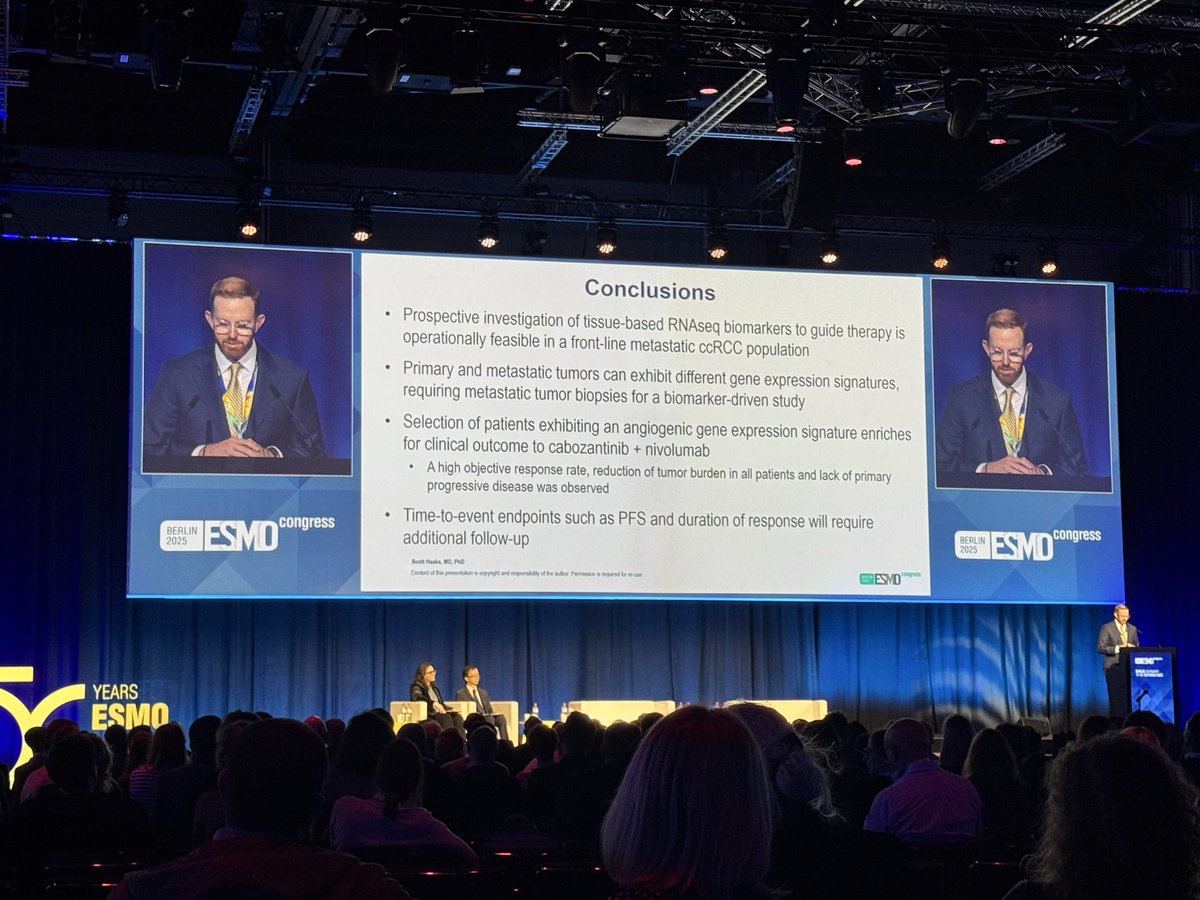 <a href="/DrScottHaake/">Scott Haake, MD, PhD</a> showing initial findings from OPTIC RCC study showing biopsy driven biomarker studies are feasible in mccRCC.  As anticipated in angiogenic driven tumors IO/TKI with phenomenal response rates with no progressive disease.  Congrats to study team <a href="/brian_rini/">Brian Rini, MD</a> #ESMO25