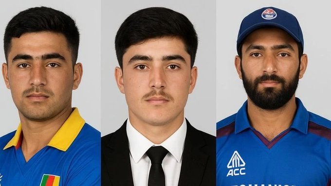 Collage of three portraits side by side left shows young man with short black hair and mustache wearing yellow and blue collared uniform with Sri Lanka flag patch center depicts man in black suit white shirt and black tie with neutral expression right features man with beard wearing blue cap and blue cricket jersey with ACC logo on chest all against plain backgrounds