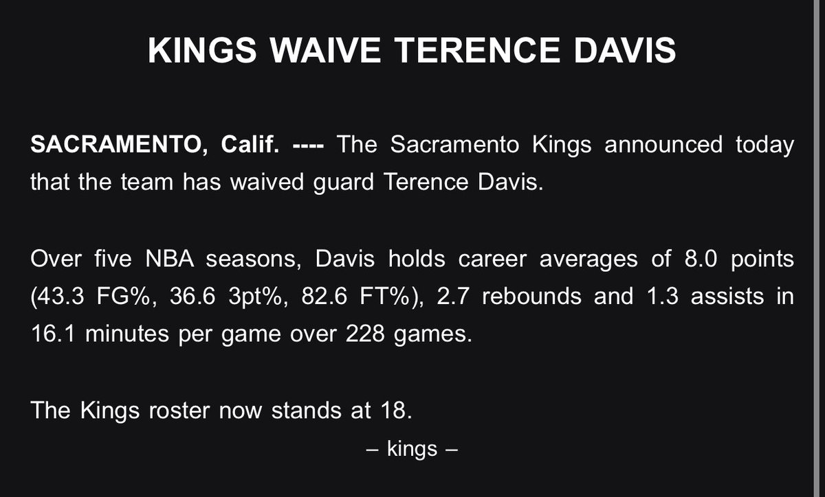 The Sacramento Kings have waived Terence Davis: 