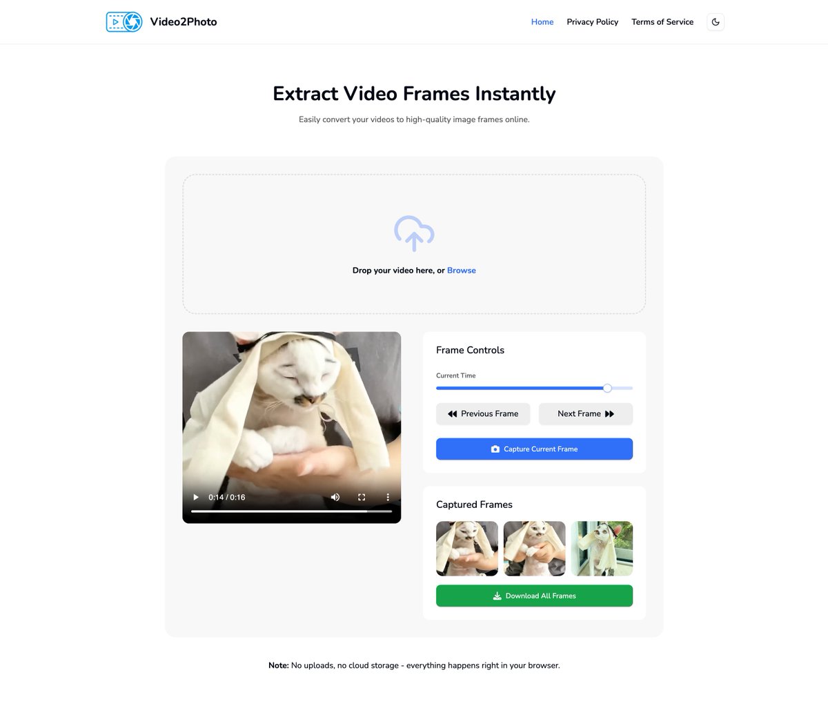 Needed a way to extract a few frames from a video quickly. Built this a few months ago.

Works entirely in your browser. You can save captured frames individually, or download them all at once as a ZIP archive.

photofromvideo.com