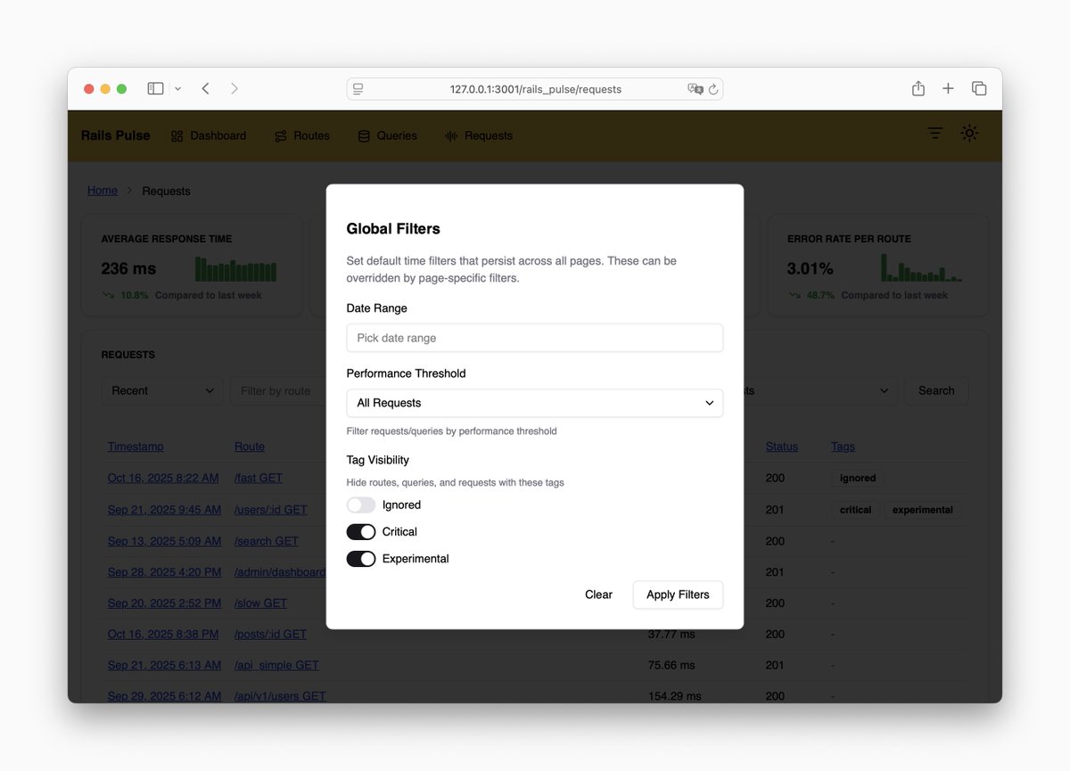 scottharveyco's tweet image. I'm wrapping up an update to Rails Pulse to allow for global filters and tagging.
This will allow you to tag routes, queries and requests and then show and hide them globally.
Also, you can set global defaults for date ranges and performance thresholds.
github.com/railspulse/rai…