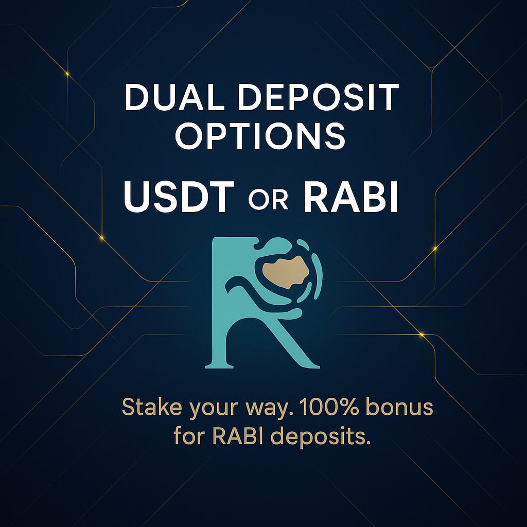 💠 Two Ways to Stake. One Powerful System.

Rabi Staking gives you complete flexibility — you can join using either USDT or RABI.
Choose what fits your strategy best.

But here’s the advantage 👇
If you stake using RABI, you’ll unlock a 100% two-month bonus — doubling your