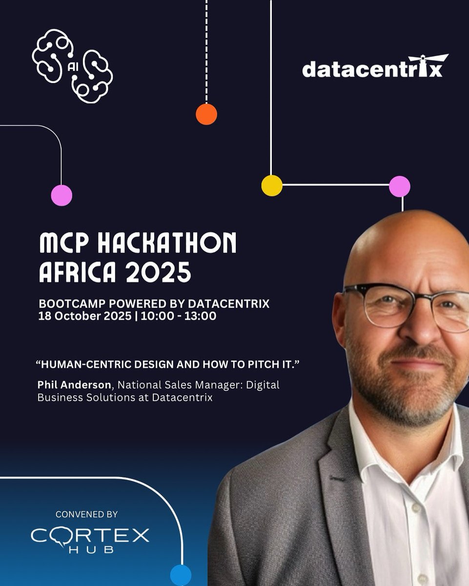 TheCortexHub's tweet image. Today’s MCP Hackathon Africa Bootcamp is powered by @Datacentrix - driving AI, digital transformation &amp;amp; innovation across Africa. 🌍

Joining us is Phil Anderson, sharing insights on human-centric design &amp;amp; pitching innovation with real human value.

#MCPHackAfrica #Datacentrix
