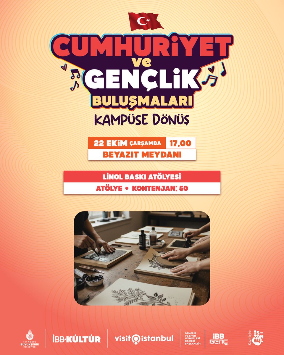 Yaratıcılıkla dolu bir gün seni bekliyor! 

22 Ekim’de Beyazıt Meydanı’nda düzenlenecek Cumhuriyet ve Gençlik Buluşmaları: Kampüse Dönüş Atölyeleri’nde buluşuyoruz!

Ücretsiz biletlerinizi İstanbul Senin uygulamasından temin edebilirsiniz.

#ibb #ibbkültür