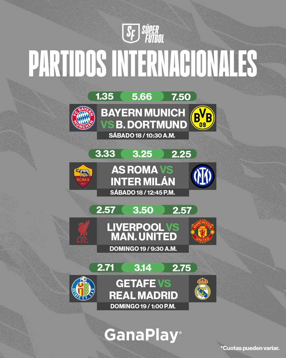 ¡LOS PARTIDOS DEL FINDE! ⚽️🎰

Estos son algunos de los duelos más interesantes que tendremos en el futbol internacional. 🔥

Recorda que podas jugar en GanaPlay, la mejor casa de pronósticos deportivos en El Salvador. 

#LoVivimosComoVos