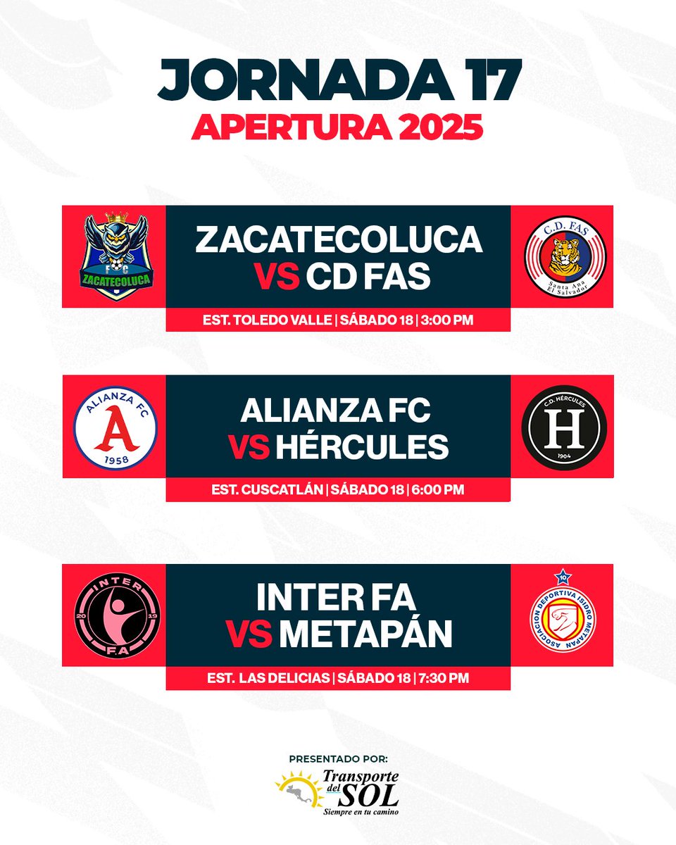 ¡SÁBADO DE FÚTBOL! ⚽🔥

Estos son los partidos que nos esperan hoy en el fútbol salvadoreño. 🇸🇻

¿Quiénes serán los vencedores?

#LoVivimosComoVos