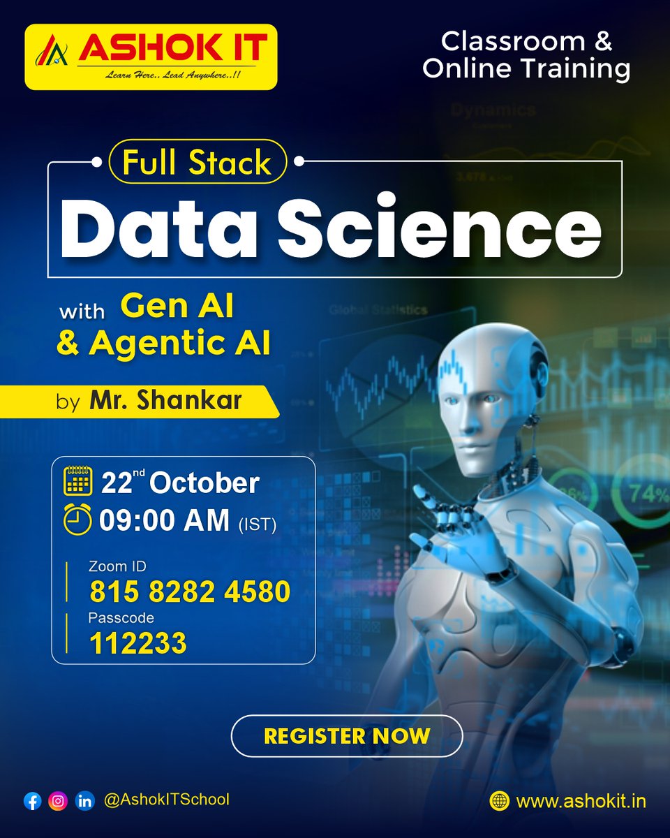 ashokitschool's tweet image. 🌐 Become Future-Ready with Full Stack Data Science + Gen AI & Agentic AI!
📲 Register Now: tr.ee/lBUMsH
📅 Date: 22nd October
⏰ Time: 09:00 AM (IST)
👨🏫 Trainer: Mr. Shankar
🏫 Mode: Classroom & Online
#DataScience #FullStackDataScience #GenerativeAI #AgenticAI