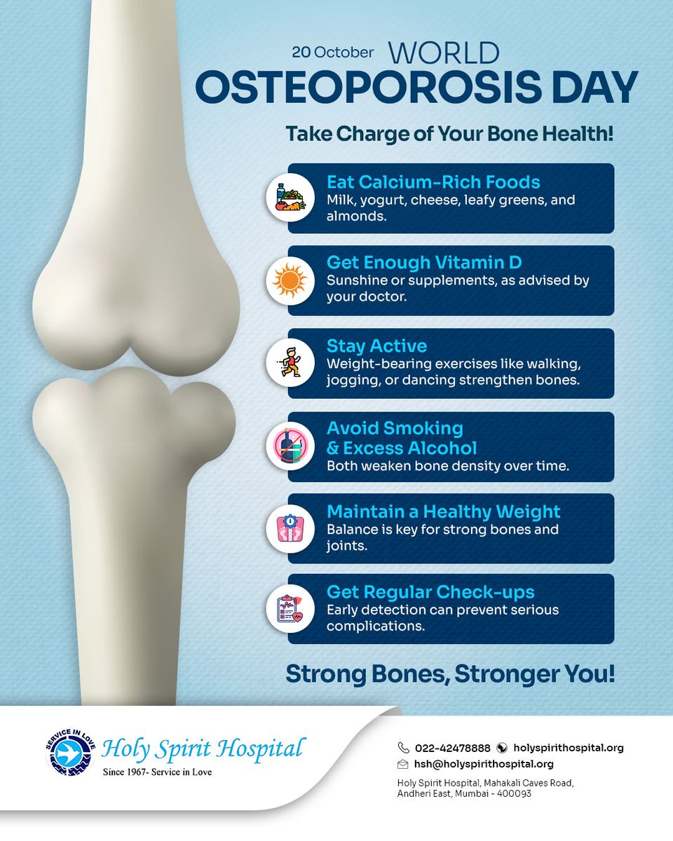 :🦴 How strong are your bones? Check these 6 habits: Vitamin D, Calcium, Stay Active, No Smoking/Alcohol, Healthy Weight, Regular Check-ups. 💪

Score yourself out of 6! 💾

#WorldOsteoporosisDay #BoneHealth #StrongBones #TakeCharge #HolySpiritHospital