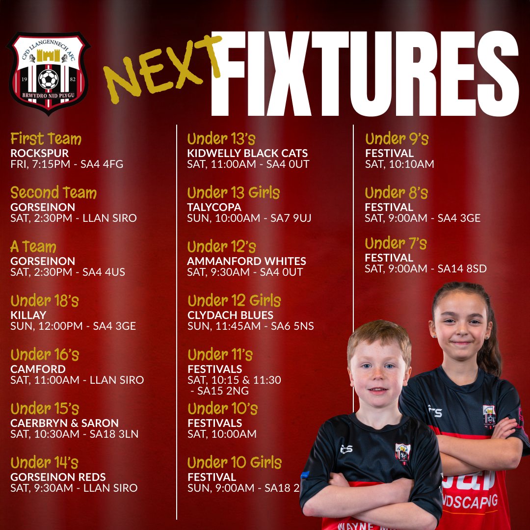 📅 Busy weekend ahead for the club with fixtures from Friday to Sunday!

Good luck to all our teams in action across the age groups – let’s bring home some results in red and black! 🔴⚫️💪