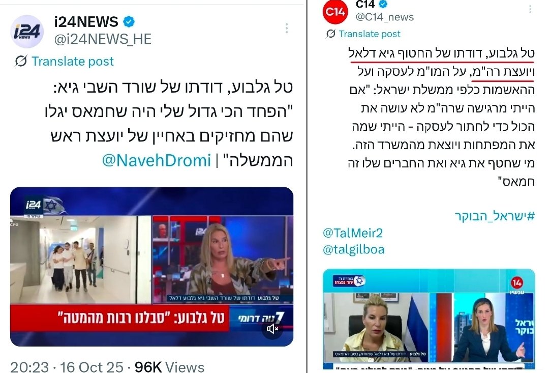 טל גלבוע: "הפחד שלי היה שחמאס יגלו שהם מחזיקים באחיין של יועצת ראש הממשלה.. לכן נעלמתי"

העובדות:
טל גלבוע התראיינה פעמים רבות בערוץ 14 כדודתו של החטוף גיא דלאל, ובחלק מהמקרים היא הוצגה כיועצת ראש הממשלה.
היא גם העלתה פוסטים בפייסבוק(לאחר ה-7.10) שבהם הסבירה שהיא מקורבת לראש