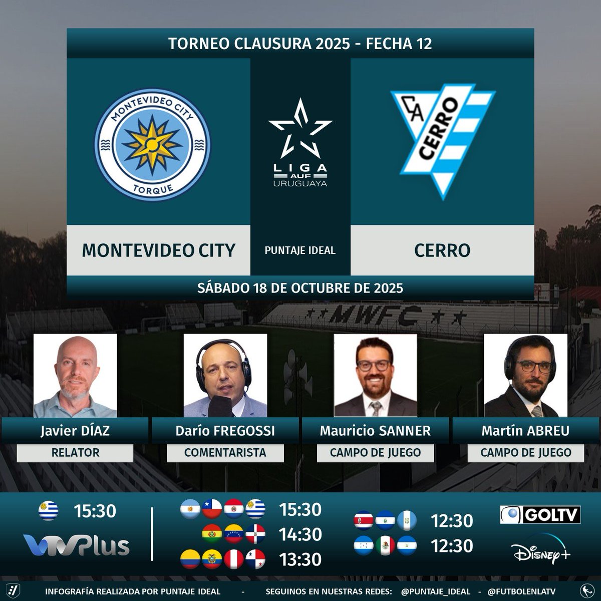 ⚽ #ClausuraAUF 🇺🇾 | #MontevideoCity vs. #Cerro
🎙 Relator: <a href="/javierdiazgamba/">Javier Díaz</a> 
🎙 Comentarista: <a href="/dariofregossi1/">Dario Fregossi</a> 
🎙 CdJ: <a href="/maurisanner/">Mauricio Sanner Urdampilleta</a> - <a href="/Martinabreu20/">Martín Abreu</a> 
📺 <a href="/VTVuruguay/">VTV Uruguay</a> 🇺🇾
📺 #GOLTV Latam (❌🇺🇾)
💻📱 <a href="/disneyplusla/">Disney+ Latinoamérica</a> Latinoamérica 
🤳 #LigaAUFuruguaya - #AUF - #Tenfield
Dale RT 🔃