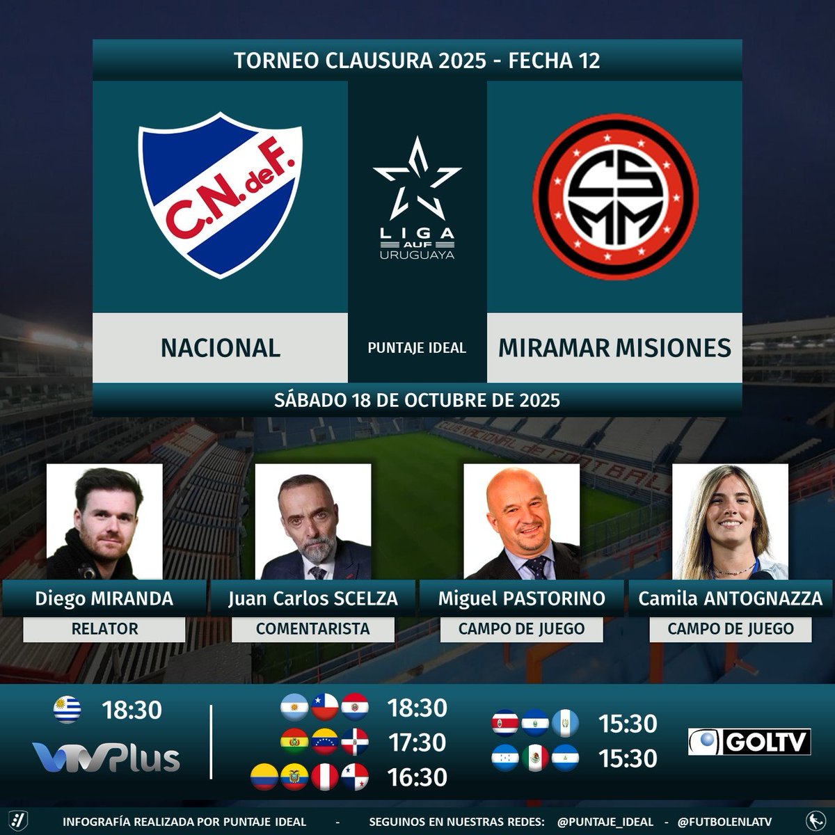 ⚽ #ClausuraAUF 🇺🇾 | #Nacional vs. #MiramarMisiones 
🎙 Relator: <a href="/diegomiranda07/">Diego Miranda</a> 
🎙 Comentarista: <a href="/jcscelza/">Juan Carlos Scelza</a> 
🎙 Campo de juego: Miguel Pastorino - <a href="/CamiAntognazza/">Cami Antognazza</a> 
📺 <a href="/VTVuruguay/">VTV Uruguay</a> 🇺🇾
📺 #GOLTV Latinoamérica (❌🇺🇾)
🤳 #LigaAUFuruguaya - #AUF - #Tenfield
Dale RT 🔃