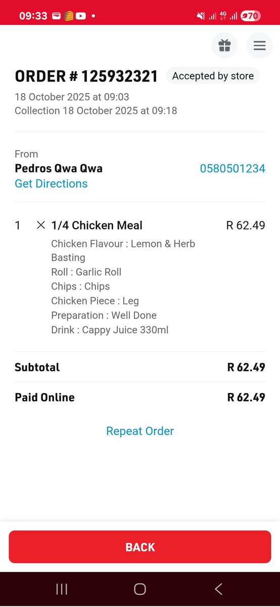 Puleng_Morobe's tweet photo. @PedrosChicken @JimmyJegger : I ordered on the app and the store accepted, Collection time was 9:18. I went to the store at 9:30am and found it closed, there were people inside and I tried signaling that I made an online order but they flat out ignored me. Nobody attended to me. I would like a refund https://t.co/LWIAHHAEh4