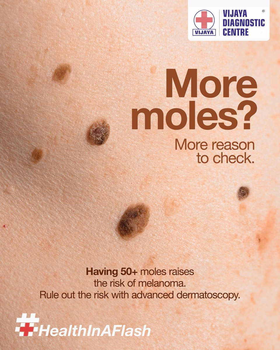 Multiple moles on your body aren’t just skin-deep — changes in size, color, or shape could signal risks like skin cancer. Early detection saves lives. Get your moles checked regularly.

#HealthInAFlash #SkinHealth #EarlyDetection #VijayaDiagnosticCentre #StaySafe