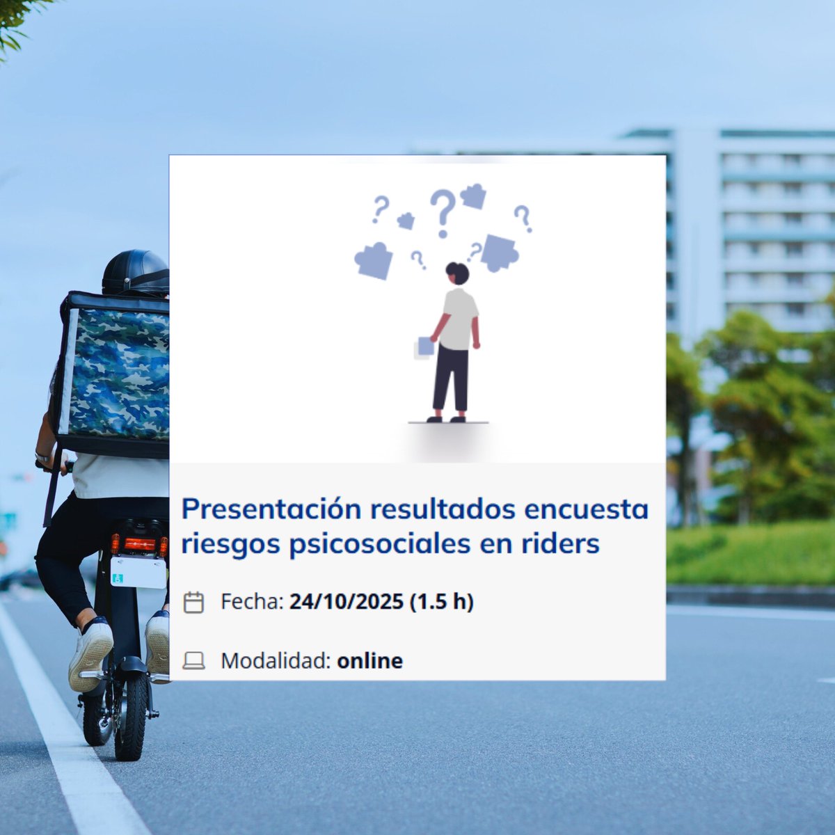 INSST_MITES_GOB's tweet image. 🚴‍♀️💡 ¡Últimos días para inscribirte!

No te pierdas la formación online sobre riesgos psicosociales en #riders, donde conocerás los resultados de la encuesta en este ámbito 📊

👉 Infórmate e inscríbete aquí: run.gob.es/dmv4e71e

#FormaciónPRL #INSST