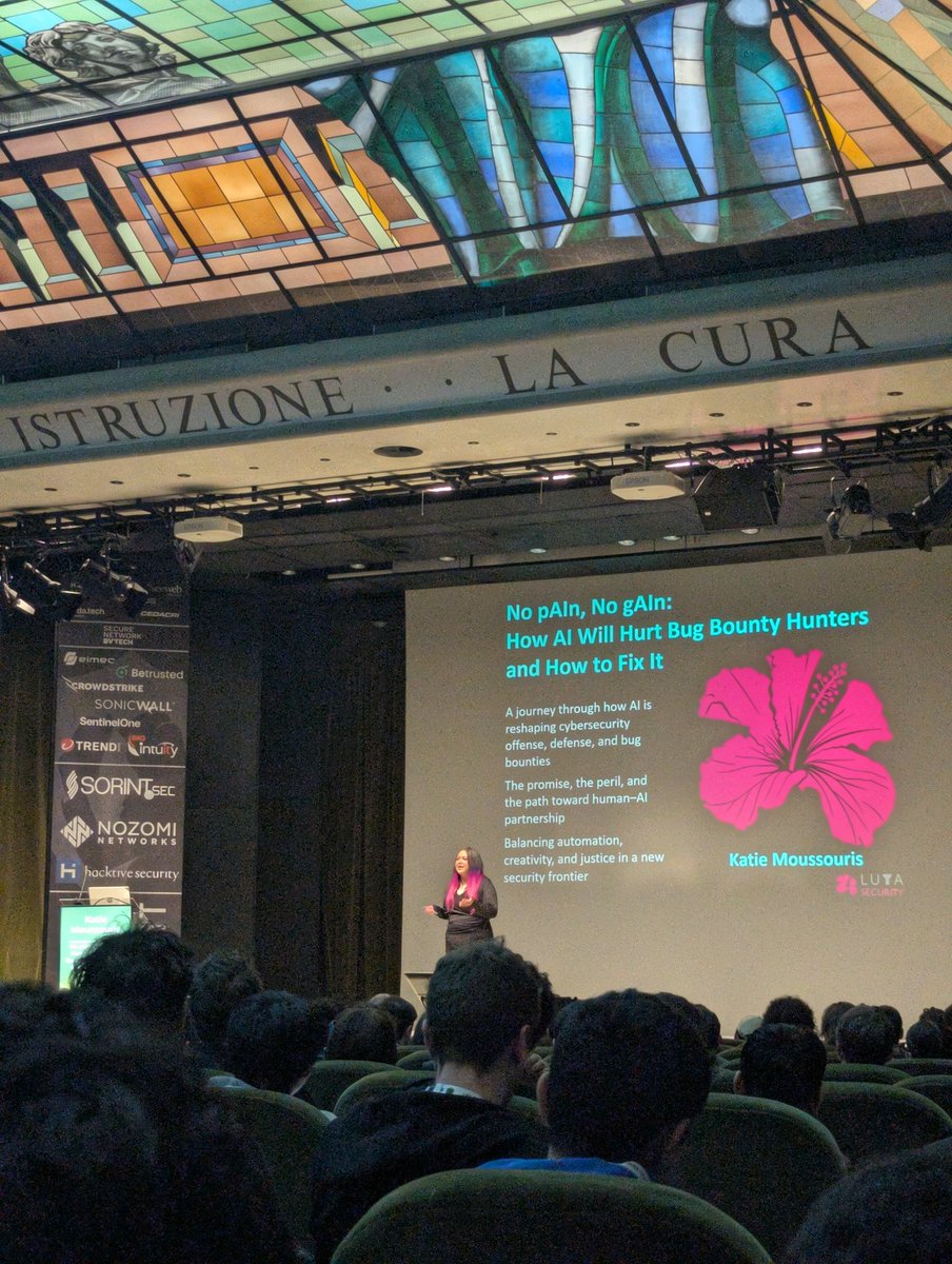 Great to be back at <a href="/nohatcon/">No Hat Con</a> 2025 - after the opening by <a href="/embyte/">Marco Balduzzi</a> , first track is "No pAIn, No gAIn: How AI Will Hurt Bug Bounty Hunters and How to Fix It", from security researcher and entrepreneur <a href="/k8em0/">Katie🌻Moussouris (she/her/she-ra/she-hulk) 🪷</a> 
Come say hi 👋🏼