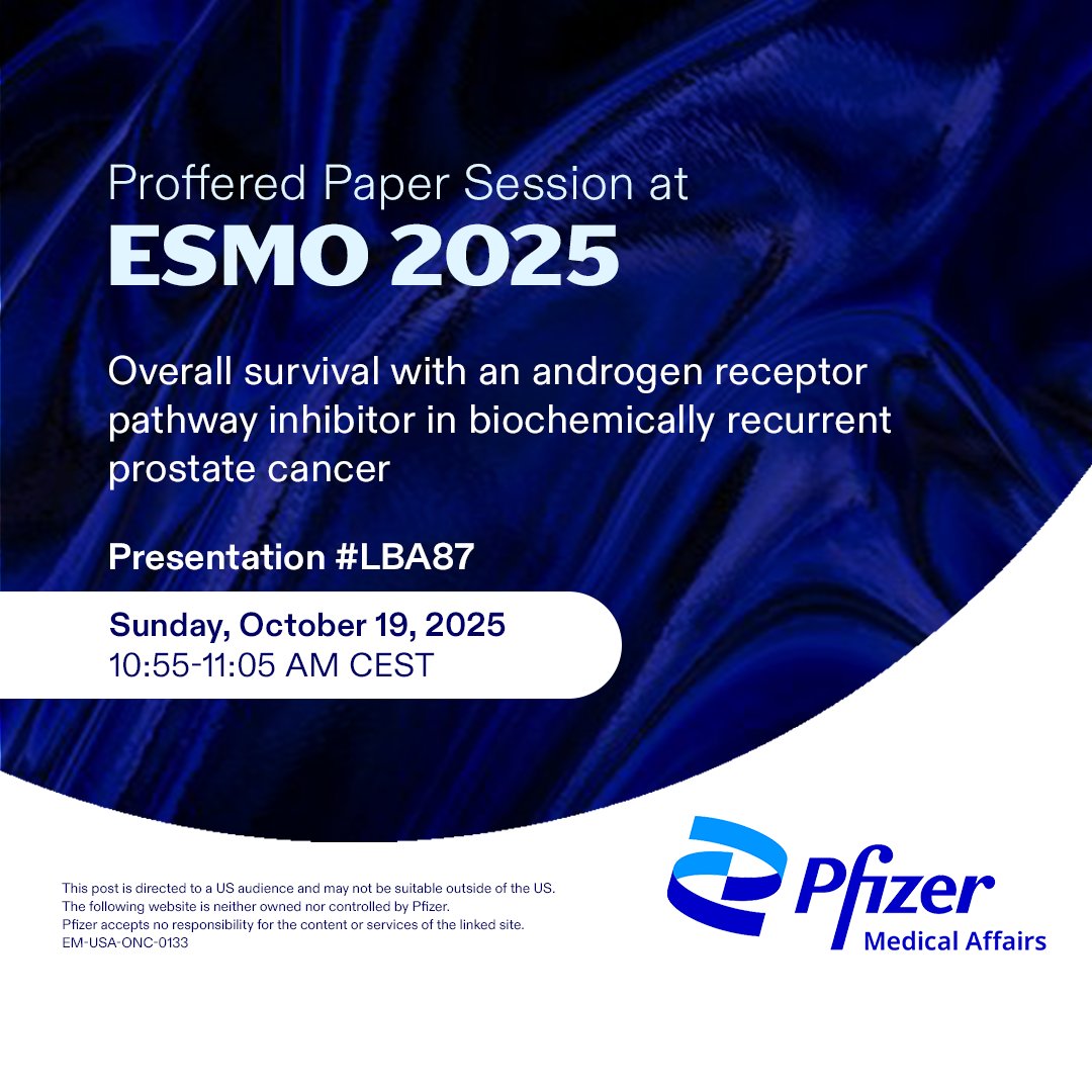 Visit Pfizer Oncology Medical at our #ESMO25 proffered paper session to explore overall survival in patients with biochemically recurrent #ProstateCancer treated with an androgen receptor pathway inhibitor pfi.sr/Nvy
