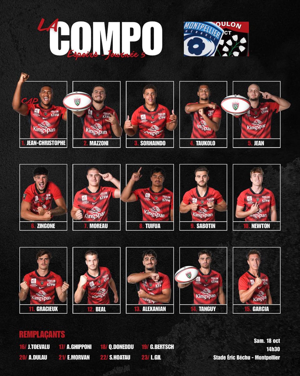 𝐋𝐚 𝐜𝐨𝐦𝐩𝐨 - 𝐞𝐬𝐩𝐨𝐢𝐫𝐬

Voici les 23 joueurs qui affronteront le MHR aujourd’hui à 14h30 au stade Éric Béchu à Montpellier 😍

Tous derrière nos 🔴&amp;⚫️

#ParceQueToulon