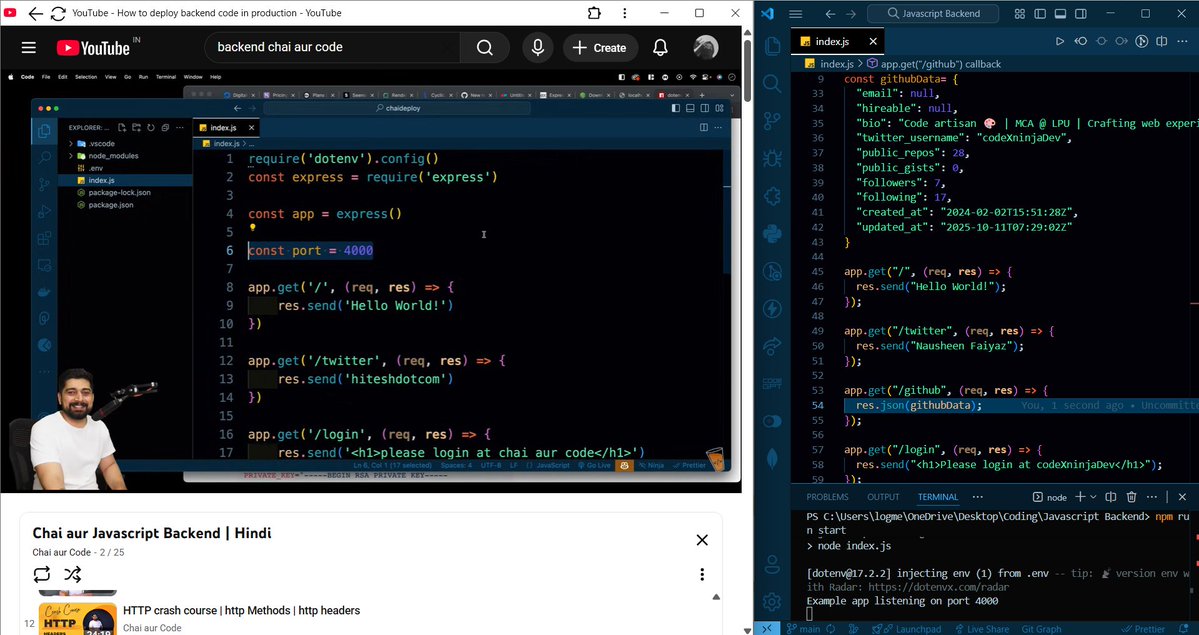 codeXninjaDev's tweet image. Day 2 of #BackendNinjaChallenge 🥷 by @ChaiCodeHQ ☕💻 &amp; @Hiteshdotcom 
Built a backend with Node.js &amp; Express, used dotenv, tested on localhost, pushed to GitHub, and learned deployment basics. Backend journey getting real! 💻🔥
#chaiaurcode #WebDev #BackendDevelopment #Nodejs