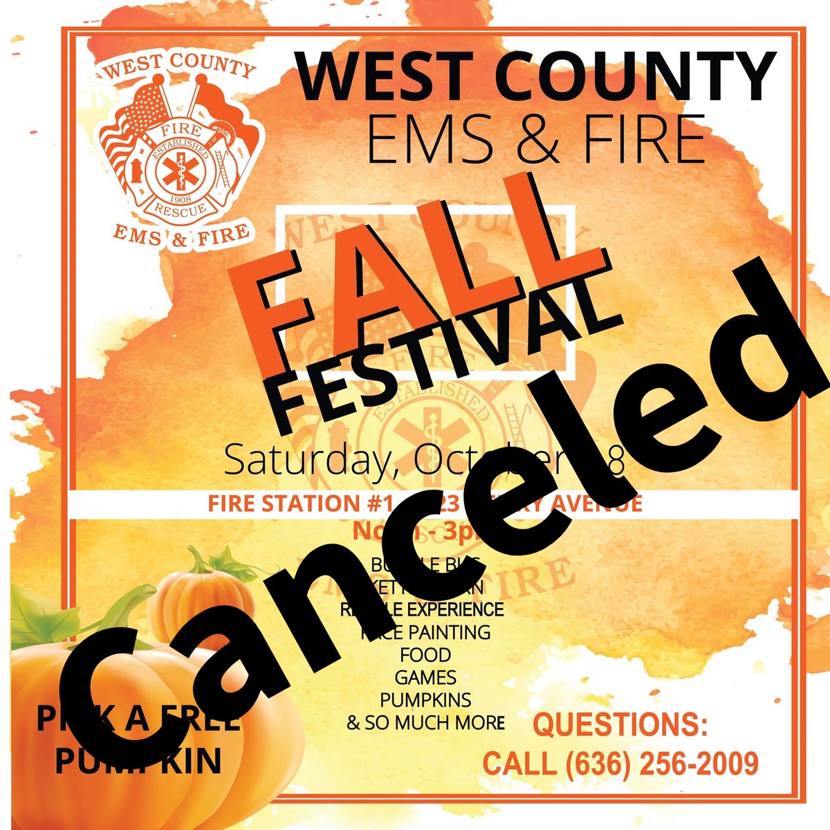 WESTCOUNTYFIRE's tweet photo. We are devastated to make this choice but due to the impending weather and for the safety of our citizens, we have made the difficult decision to cancel our Fall Festival scheduled for today. https://t.co/dVgdTbA0K9