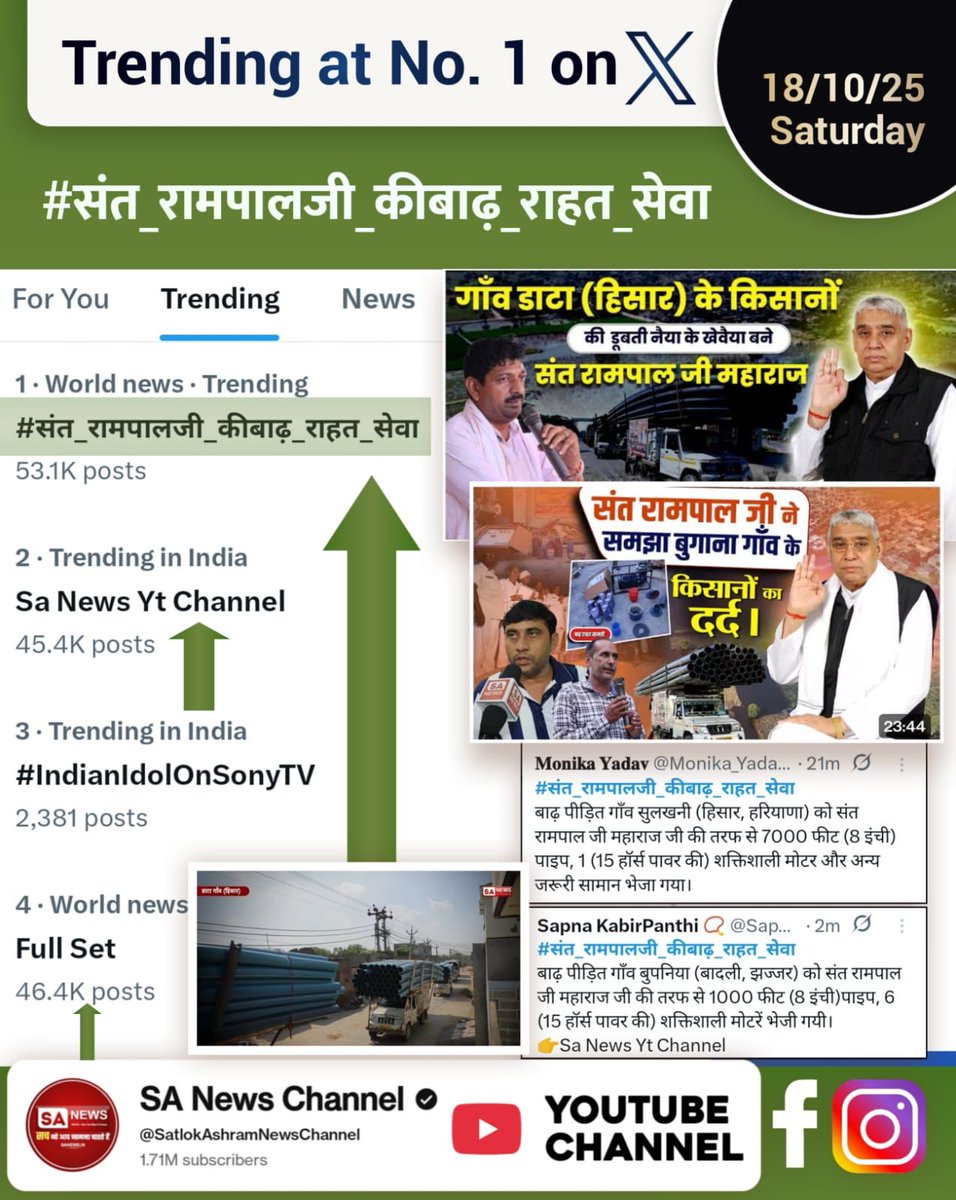 Trending at No 1 On X
#संत_रामपालजी_कीबाढ़_राहत_सेवा

Sa News Yt Channel