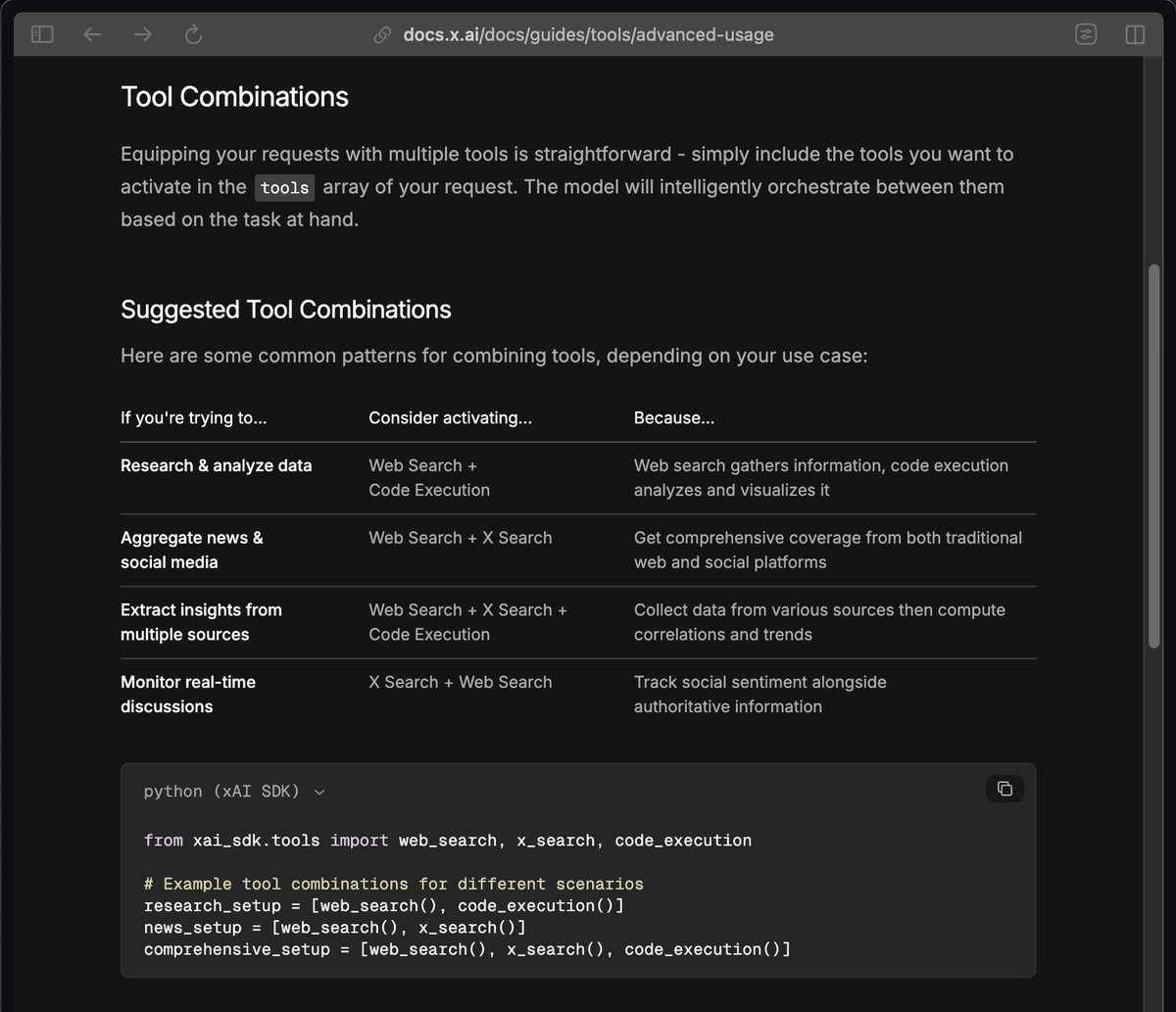 techdevnotes's tweet image. Guide about Tool Combinations in xAI API