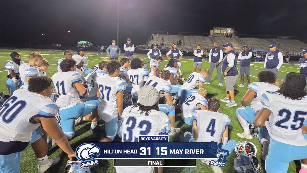 hhihsathletics's tweet photo. FINAL SCORE: Seahawks 31, Sharks 15! Boys Varsity Football takes the win over May River tonight! #SeahawkPride https://t.co/mOJFXAqX7r