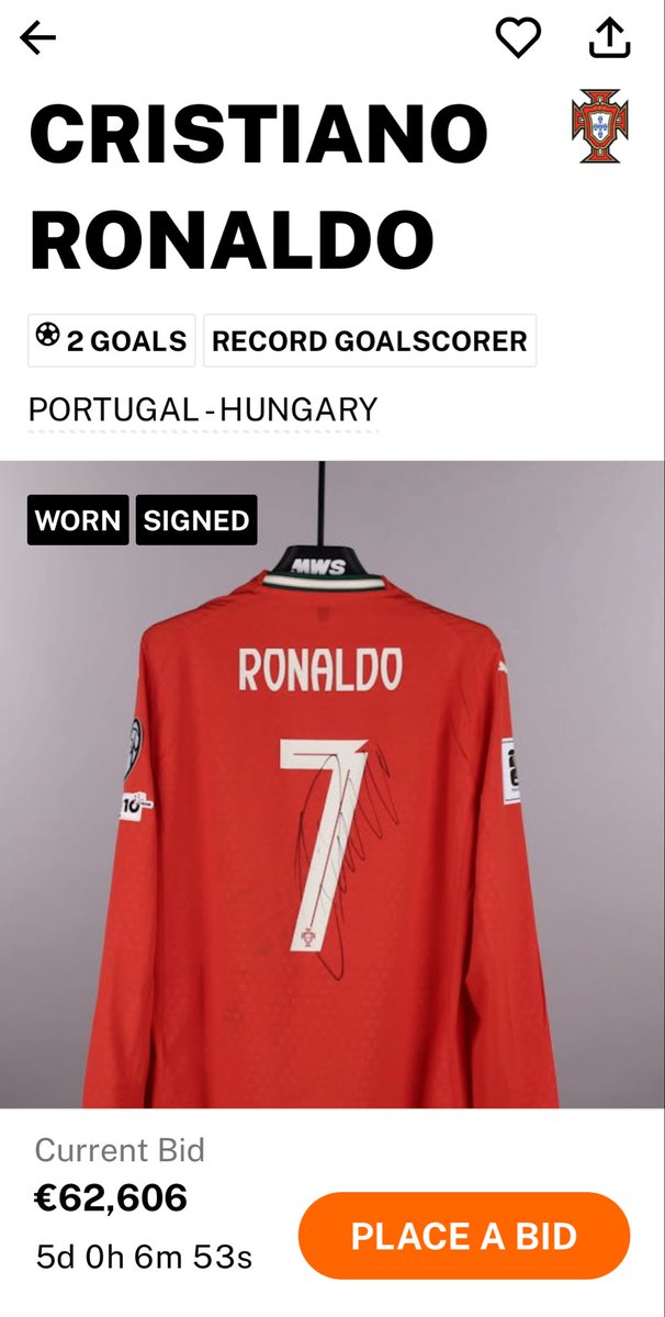 Holy smokes, €62k bid and auction still has 5 days to go!👀 

#SportsMemorabilia #collecting #Football #Matchworn #Portugal #Ronaldo #Jerseys