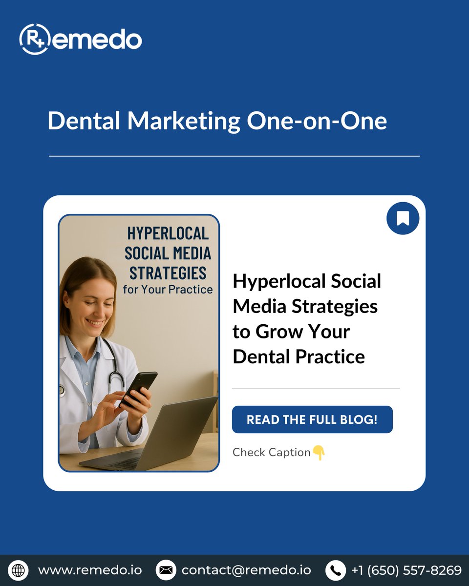 remedo_io's tweet image. 🚀 Hyperlocal Social Media Strategies to Grow Your Dental Practice
Have you ever seen a post about a local health camp...
👉 Read the full blog: linkly.link/2GbdF
.
#DentalMarketingTips #SocialMediaForDentists #LocalDentalMarketing #DentistGrowth #remedo
