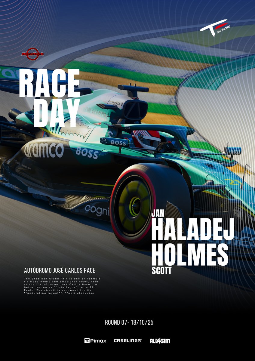 TomasEngeSimRacing (@tomas_enge_sim) on Twitter photo Joga Bonito ๐ค ๐ง๐ท
Tonight we tackle Interlagos for the seventh round of <a href="/RaceTechSim/">RaceTech</a> ๐๏ธ
Line-up ๐
- <a href="/pesohalik/">Jan Haladej ๐จ๐ฟ</a>
- <a href="/ScottHolmes85/">Scott Holmes</a>
CMON ๐ช Joga Bonito ๐ค ๐ง๐ท
Tonight we tackle Interlagos for the seventh round of <a href="/RaceTechSim/">RaceTech</a> ๐๏ธ
Line-up ๐
- <a href="/pesohalik/">Jan Haladej ๐จ๐ฟ</a>
- <a href="/ScottHolmes85/">Scott Holmes</a>
CMON ๐ช