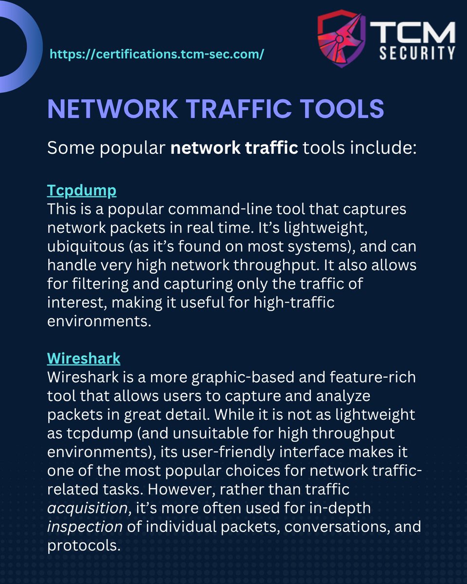 TCMSecurity's tweet image. Let’s dive into network traffic and analysis tools today. Explore why #SOC analysts need these tools in their arsenal, their use cases, and some popular choices, like:

🧠 𝐓𝐜𝐩𝐝𝐮𝐦𝐩
🦈 𝐖𝐢𝐫𝐞𝐬𝐡𝐚𝐫𝐤
⚡𝐙𝐞𝐞𝐤 

We have a lot of blue teaming content in the works right…