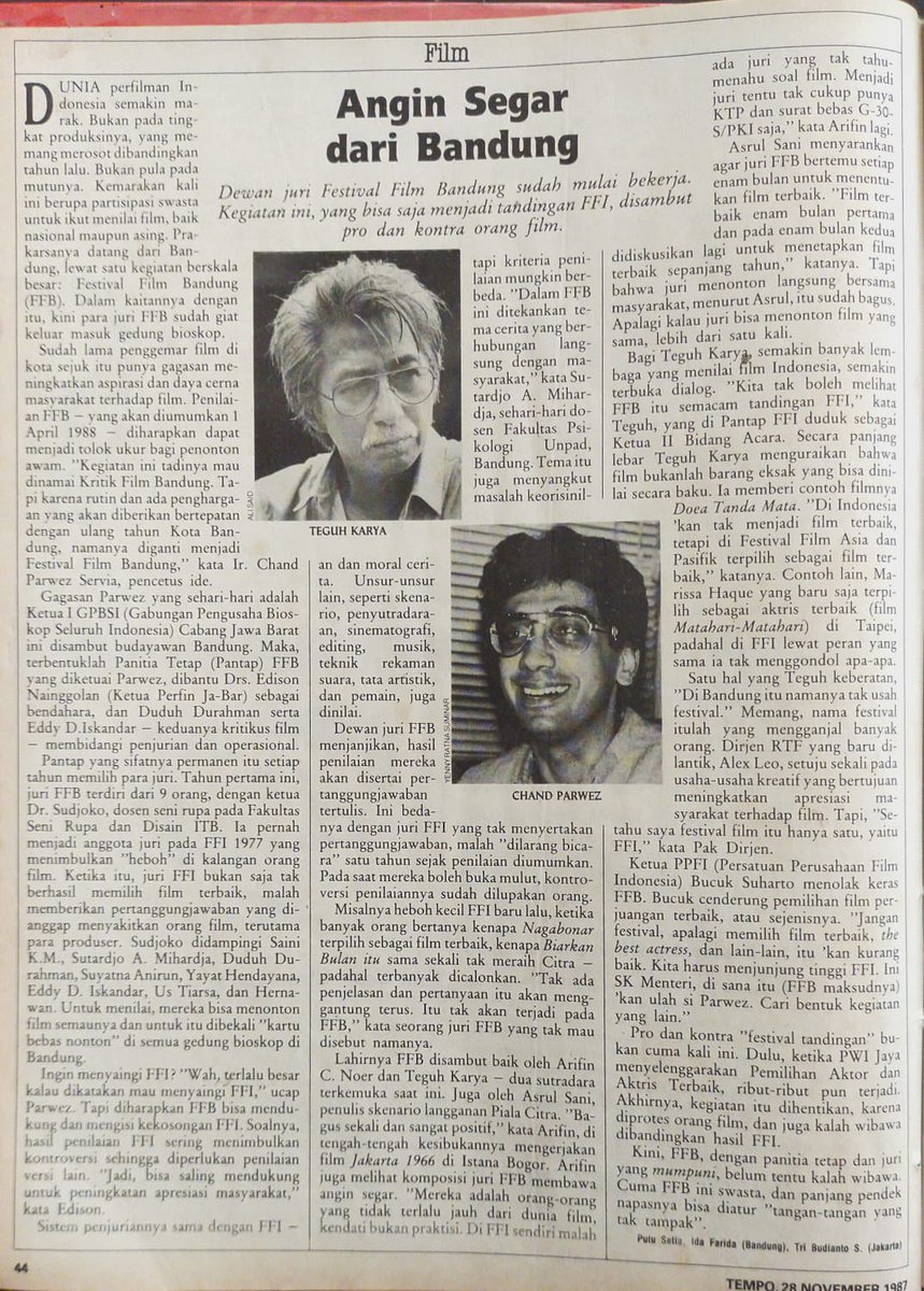 forumfilmbdg's tweet photo. Arsip sejarah yang sangat berharga. Publikasi dari Tempo, 28 November 1987, mengulas FFB untuk pertama kalinya.
Hayo, di tanggal segitu Sahabat #FFBComm lagi ngapain? https://t.co/qpXvbIiwue