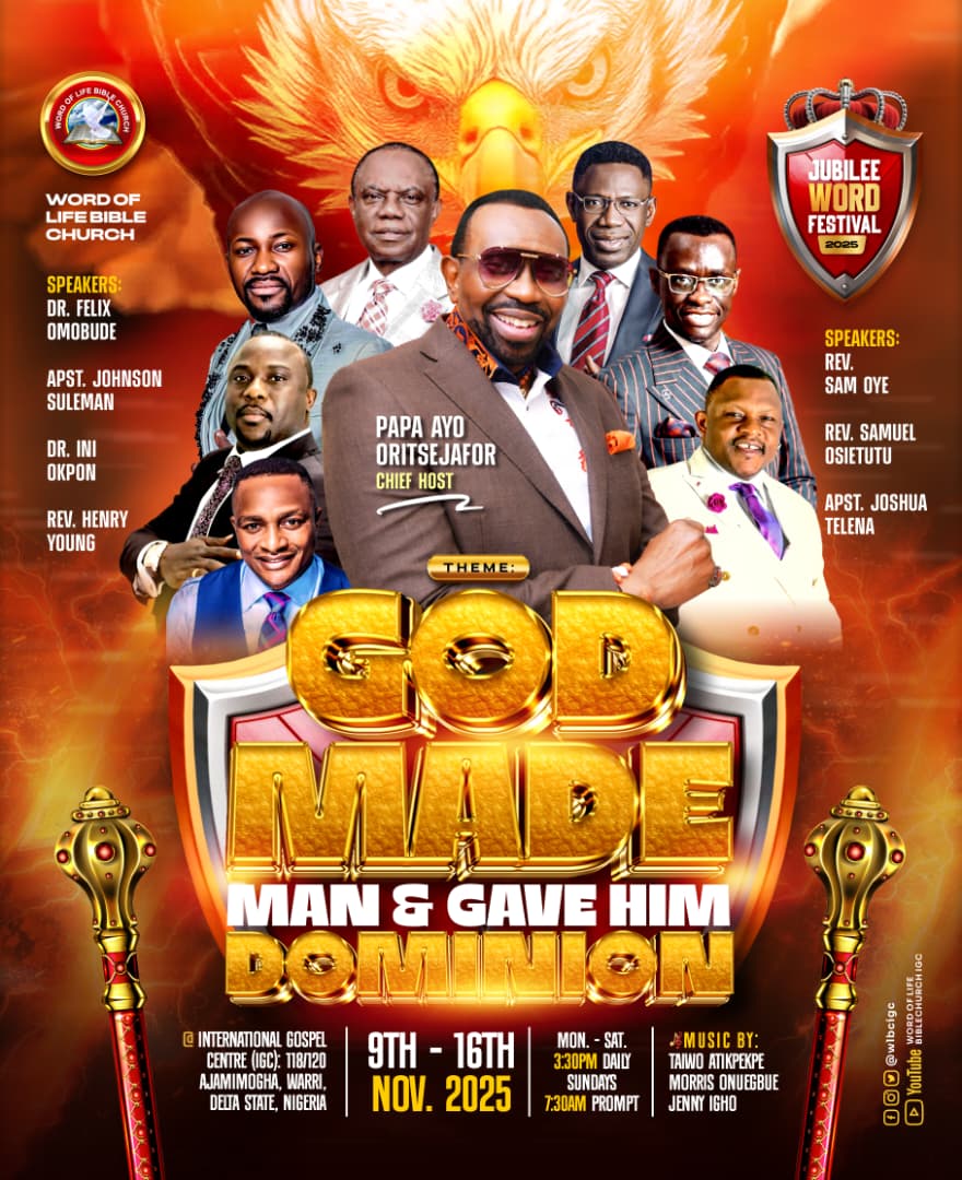 IT’S HERE AGAIN, JUBILEE WORD FESTIVAL 2025!

For 37 years, we’ve gathered in obedience to this divine instruction! 

This year's theme declares a fresh mandate from Heaven: 
“GOD MADE MAN AND GAVE HIM DOMINION”

Get ready for 8 days of Wonders!

#JubileeWordFestival2025
#WLBCIGC