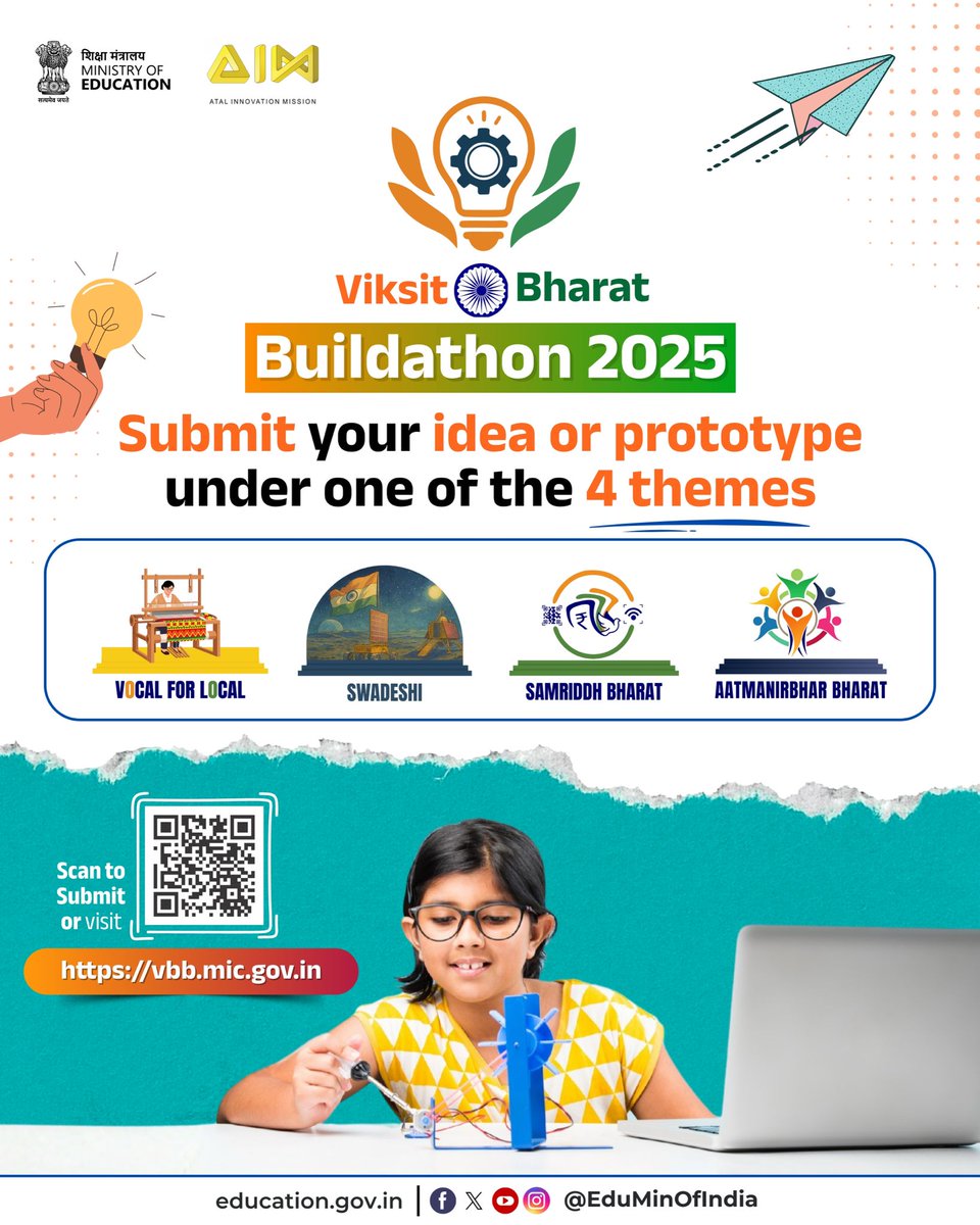 EduMinOfIndia's tweet image. Registered teams, it’s time to bring your ideas to life!
Submit your prototype under any of the 4 Buildathon themes that reflect India’s self-reliance, local pride and sustainable growth.
🔗 Submit before deadline: vbb.mic.gov.in and
Be part of India’s largest…