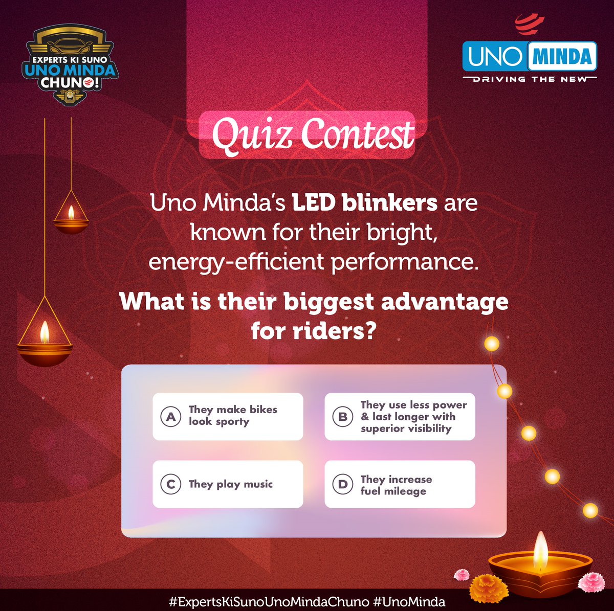 UNO MINDA (@unomindacom) on Twitter photo โ ๏ธ ALERT! โ ๏ธ The #UNOExpertDiwali #contest is ON!
Questions are being posted one by one. You MUST answer them all to win!
Remember to:
โ
Tag 3 Friends
โ
Follow <a href="/UnoMinda/">UNO MINDA</a> on Facebook, Instagram & X
โ
Use #UnoExpertDiwali & #ExpertKiSunoUnoMindaChuno
#UnoMinda #DiwaliContest โ ๏ธ ALERT! โ ๏ธ The #UNOExpertDiwali #contest is ON!
Questions are being posted one by one. You MUST answer them all to win!
Remember to:
โ
Tag 3 Friends
โ
Follow <a href="/UnoMinda/">UNO MINDA</a> on Facebook, Instagram & X
โ
Use #UnoExpertDiwali & #ExpertKiSunoUnoMindaChuno
#UnoMinda #DiwaliContest