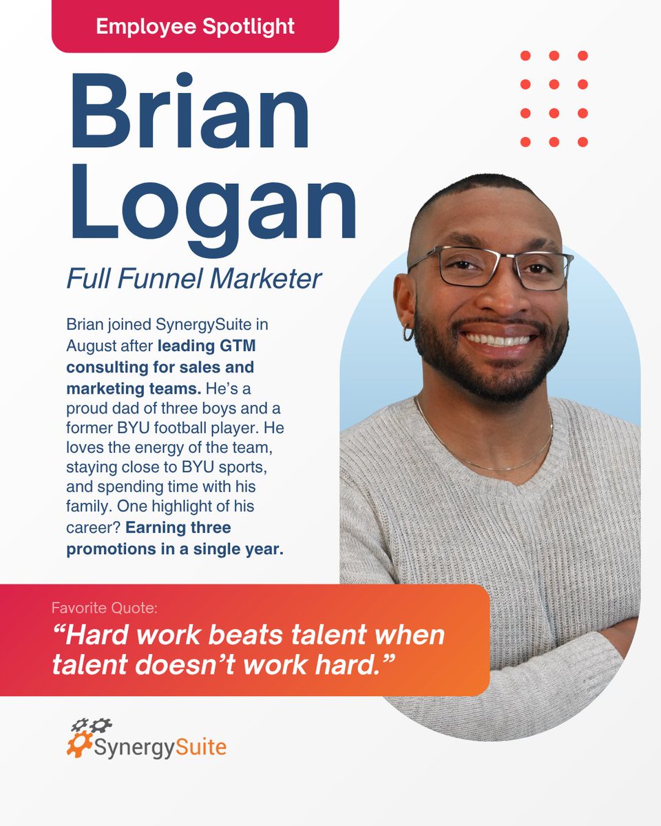 Meet Brian Logan, Full Funnel Marketer + nonstop force of determination. 💪
A key player on #TeamSynergySuite!
#EmployeeSpotlight #Marketing #CompanyCulture