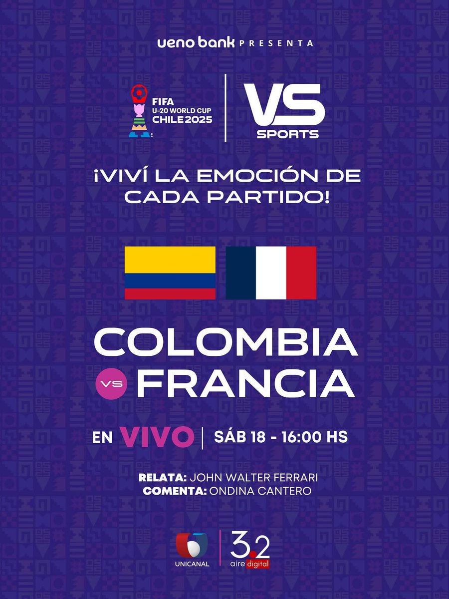 ⚽️ #MundialSub20 | 🇨🇴 #Colombia vs. #Francia 🇫🇷
🎙 Relator: <a href="/JohnWalterF/">John Walter Ferrari</a>
🎙 Comentarista: <a href="/OndinaCantero/">ONDINA CANTERO✨</a>
📺 <a href="/Unicanal/">Unicanal</a>🇵🇾
💻📱 unicanal.com.py 
🤳#MundialSub20EnUNICANAL - #Sub20 - #U20WC #MundialSub20 #Colombia #Francia
#VsSportsSub20 #somos26
