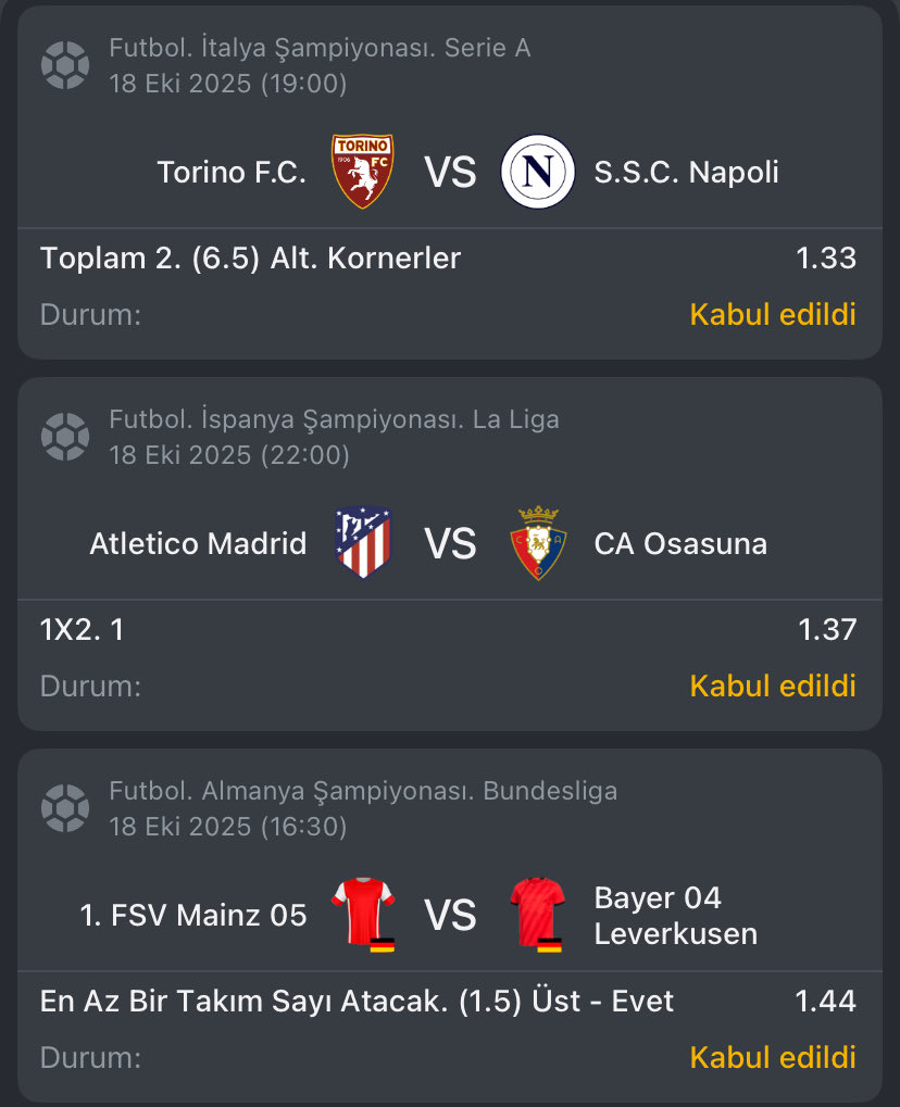 bahisteorisi's tweet image. Torino Napoli

Daha çok sert oynanan ve ortadan oyunu kurduklarından rakiplerine ortalama 1.5 korner kullandırıyorlar. Takip Napoli oran güzel 🔱

Atletico bu hafta hata yapmaz depte kötü bir osasuna var ve gücü yetmez 🔱

Leverkusen ağırlıklıyım ama biraz daha garanti seçim🔱♻️