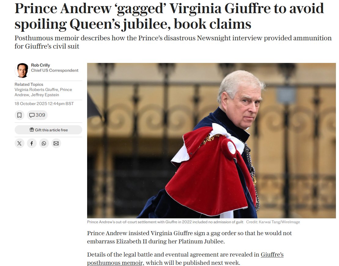 robcrilly's tweet image. 🚨🚨SCOOP More from Virginia Roberts Giuffre's powerful memoir: Why her settlement with Prince Andrew included a one-year gag order