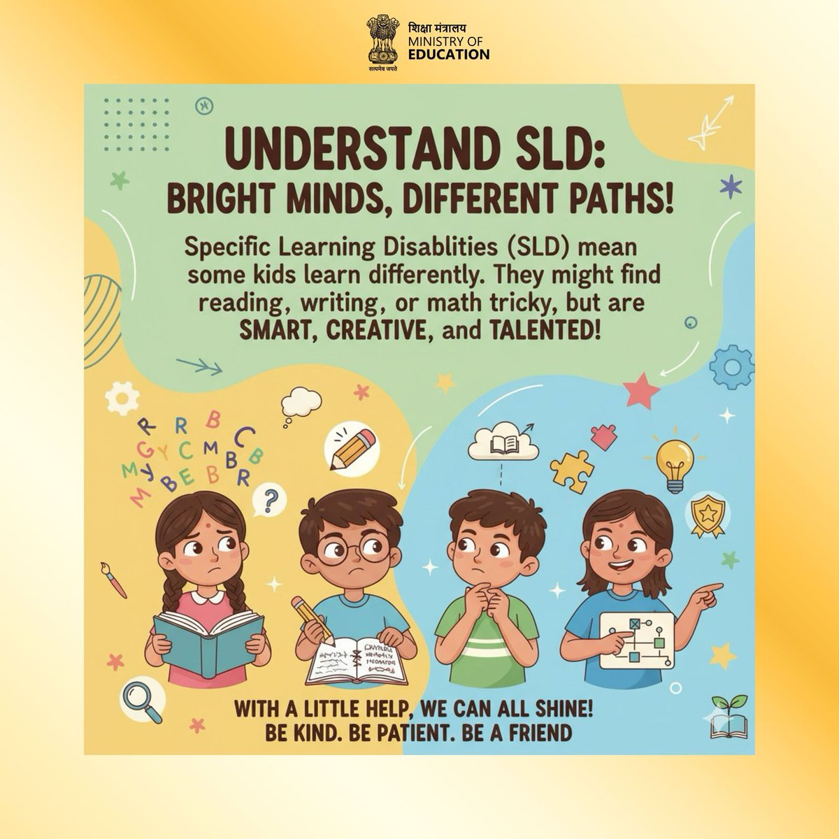 EduMinOfIndia's tweet image. A Specific Learning Disability (SLD) is a neurological condition that impacts how individuals of average or above-average intelligence process information. It is not a reflection of low intelligence or effort but a difference in the way the brain learns and understands.…