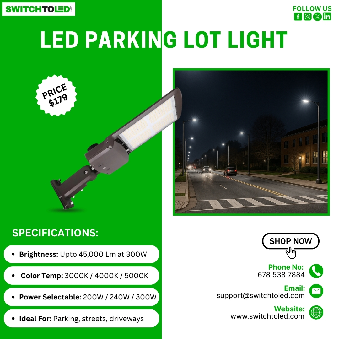 switchto_led's tweet image. Light up your nights with our LED Parking Lot Light — up to 45,000 lumens, power-selectable &amp;amp; energy-efficient! Perfect for parking lots, streets &amp;amp; driveways. 
Price: $179
🛒 switchtoled.com
#LEDLighting #OutdoorLight #ParkingLotLight #SwitchToLED #EnergySaving