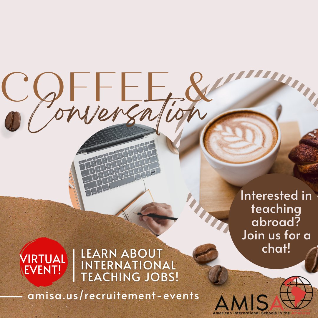 ☕ Starts in 1 hour! Join AMISA’s Coffee &amp; Conversation at 10 AM EDT.
Panelists from 🇵🇦 Intl School of Panama | 🇧🇷 Avenues São Paulo | 🇬🇹 CAG | 🇬🇾 Georgetown Intl Academy discuss life &amp; work abroad + diversity in our schools.
zoom.us/meeting/regist…
#AMISA #TeachAbroad #Edu