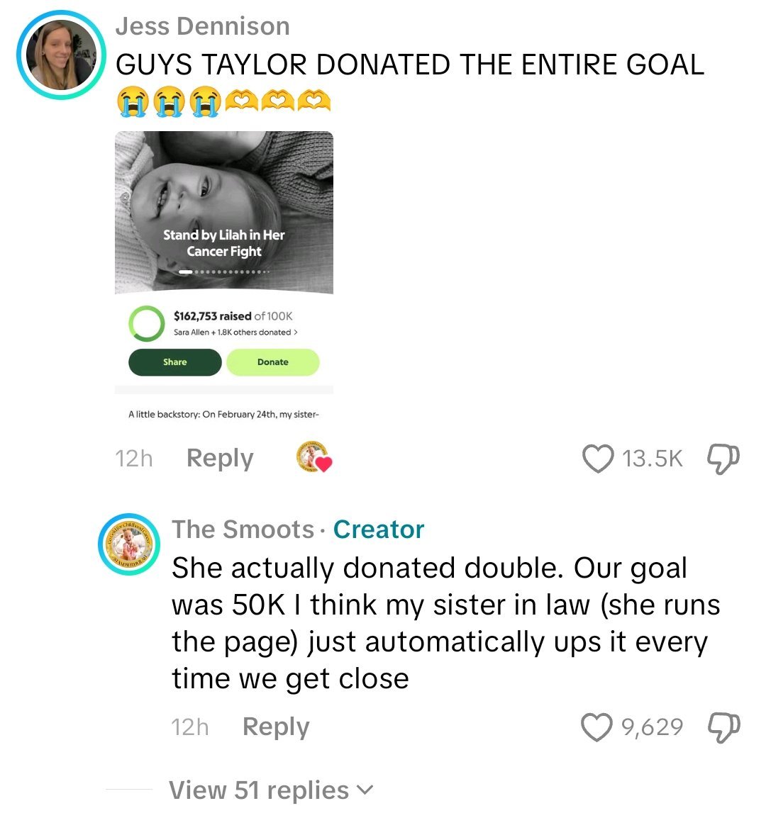 ‼️ | @TaylorSwift13 donated the ENTIRE goal and DOUBLED to the family of two-year-old Lilah, who is battling stage 4 cancer.

— She donated $150,000 and counting with the help of Swifties.