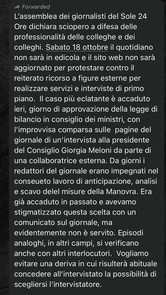 <a href="/GiorgiaMeloni/">Giorgia Meloni</a> Sciopero di oggi dei giornalisti del Sole 24 ore. Nel comunicato inerente all'intervista rilasciata da lei a una giornalista esterna, scrivono "vogliamo evitare una deriva in cui risulterà abituale concedere all'intervistato la possibilità di scegliersi l'intervistatore".